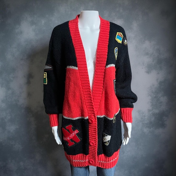 Kitty Hawk Sweaters - Vintage Black & Red Patchwork Cardigan (Estimated Late 80s–Early 90s)